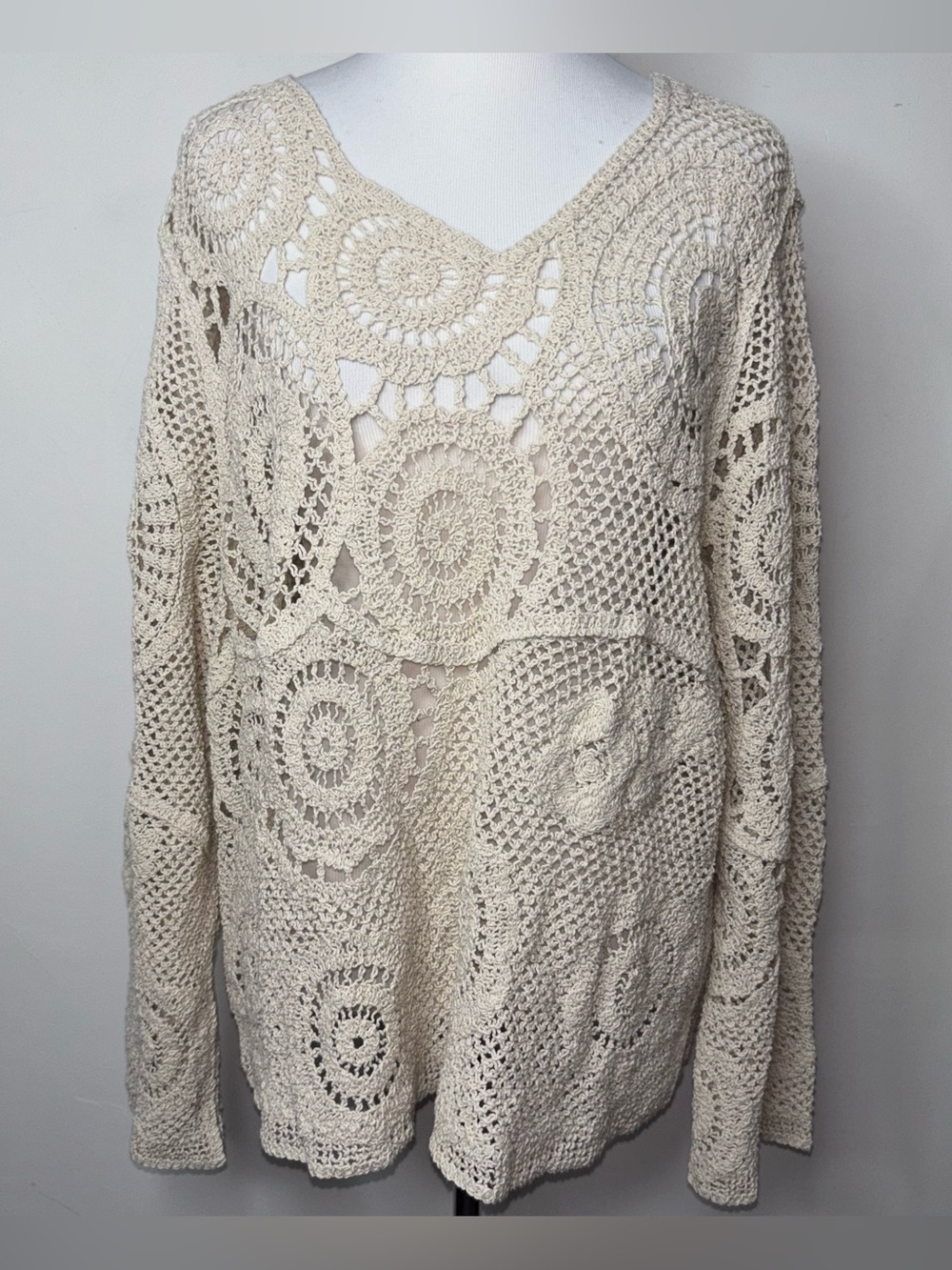 Ultra Pink Crochet Knit V-Neck Long Sleeve Sweater Antique Beige Size 2X Boho